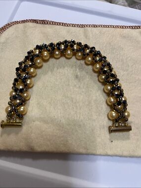 Gold Pearl and Black Crystal Woven Bracelet